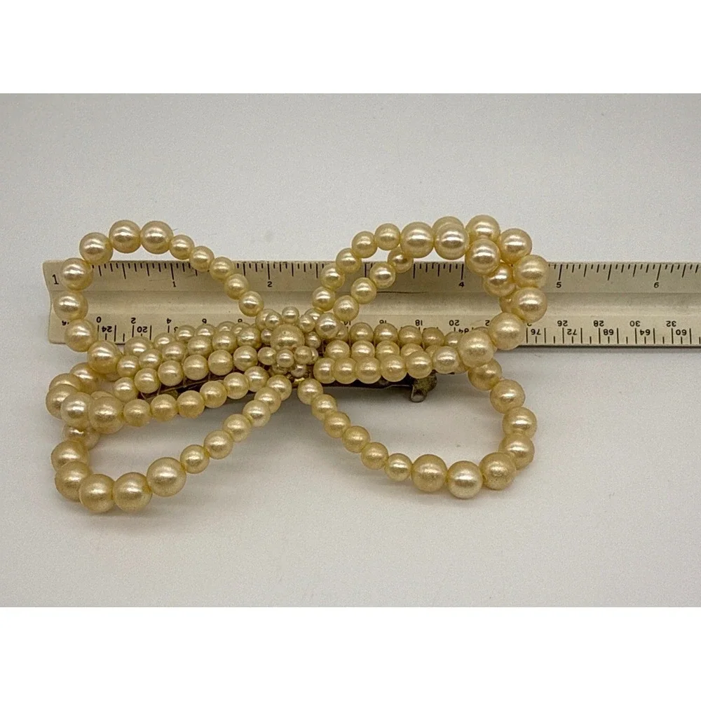 Vintage 90s Faux Pearl Bow Hair Barrette Cream Multi Strand French Clip 4.5 Inch